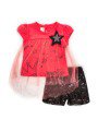 Комплект для девочки: футболка с сеткой и шорты с пайетками, цвет: коралловый