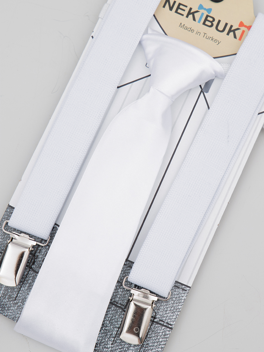 Набор подтяжки и галстук: длина галстука 26 см,подтяжки по спинке 45 см max, цвет: белый