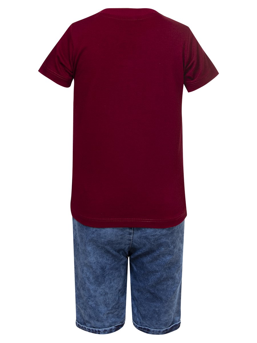 Комплект для мальчика: футболка и джинсовые шорты, цвет: бордовый