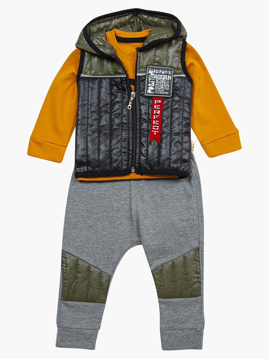Комплект для мальчика: лонгслив, штанишки и болоньевый жилет на синтепоне, цвет: хаки