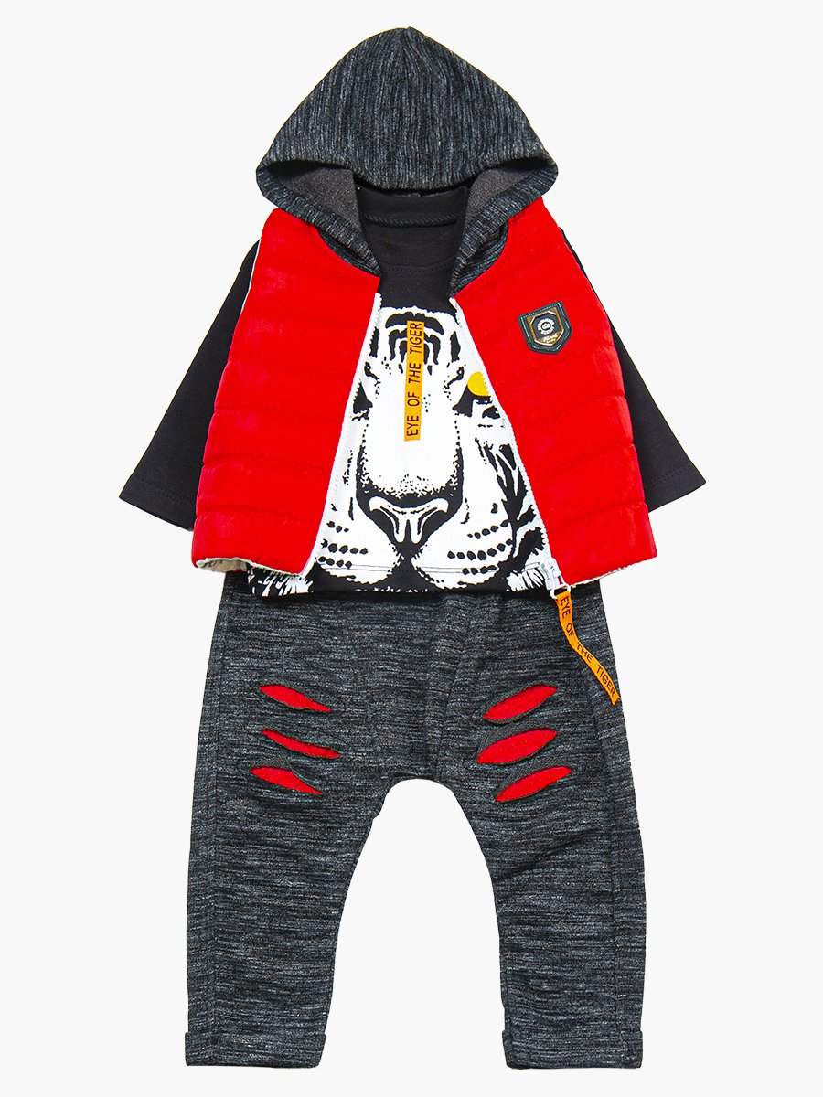 Комплект для мальчика: лонгслив, штанишки и болоньевый жилет на синтепоне, цвет: красный