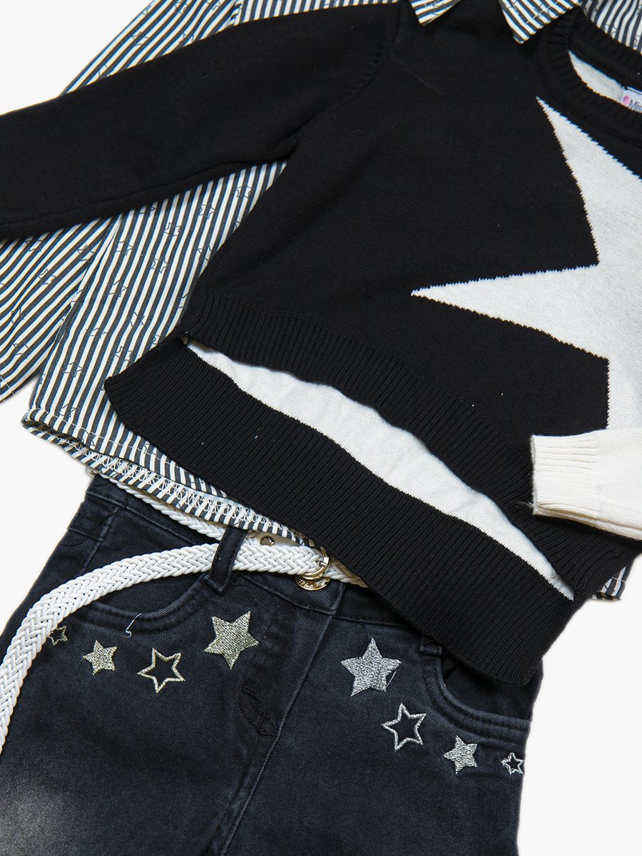 Комплект для девочки: рубашка, джемпер и джинсы с поясом, цвет: черный