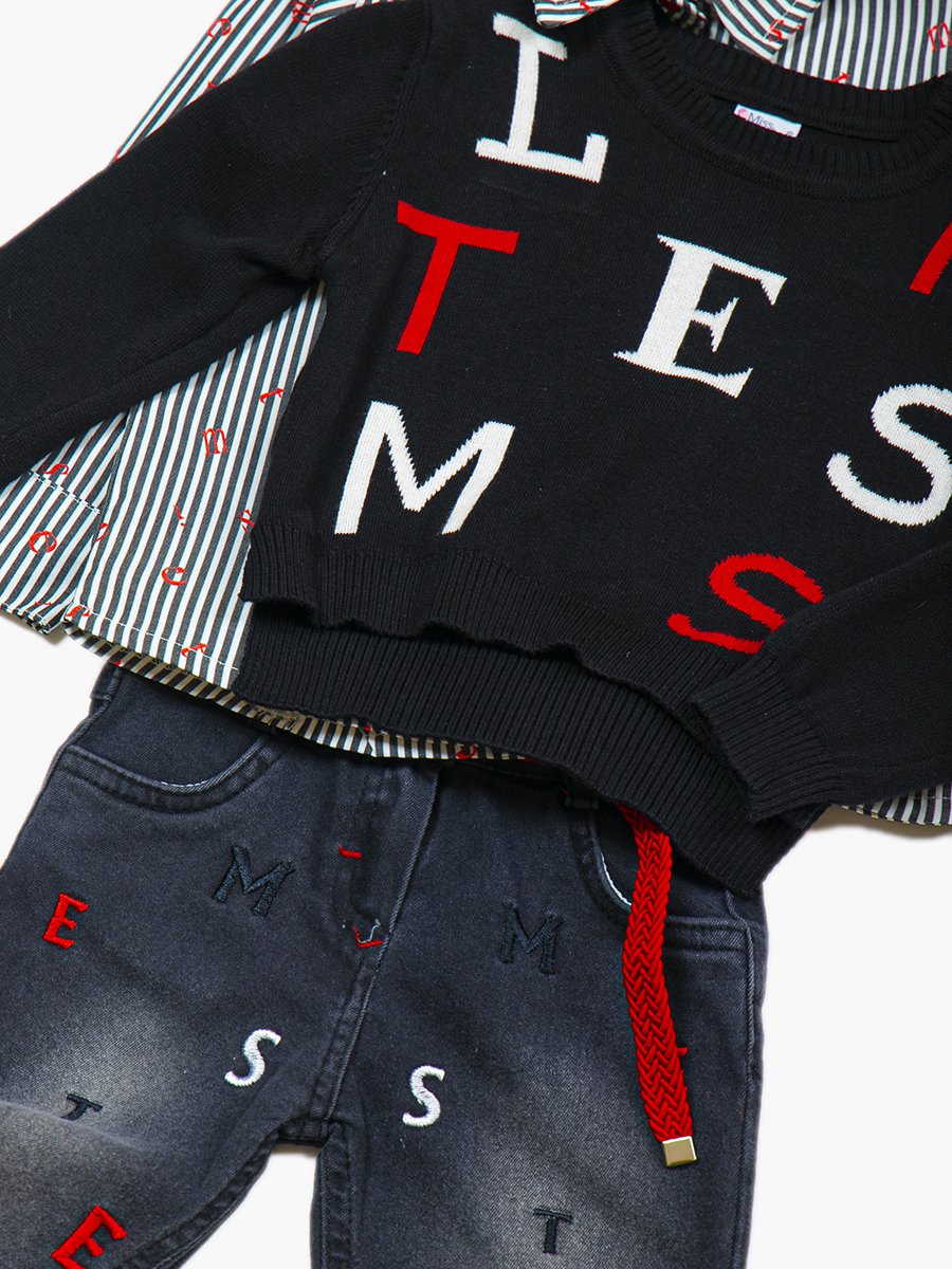 Комплект для девочки: рубашка, джемпер и джинсы с поясом, цвет: черный