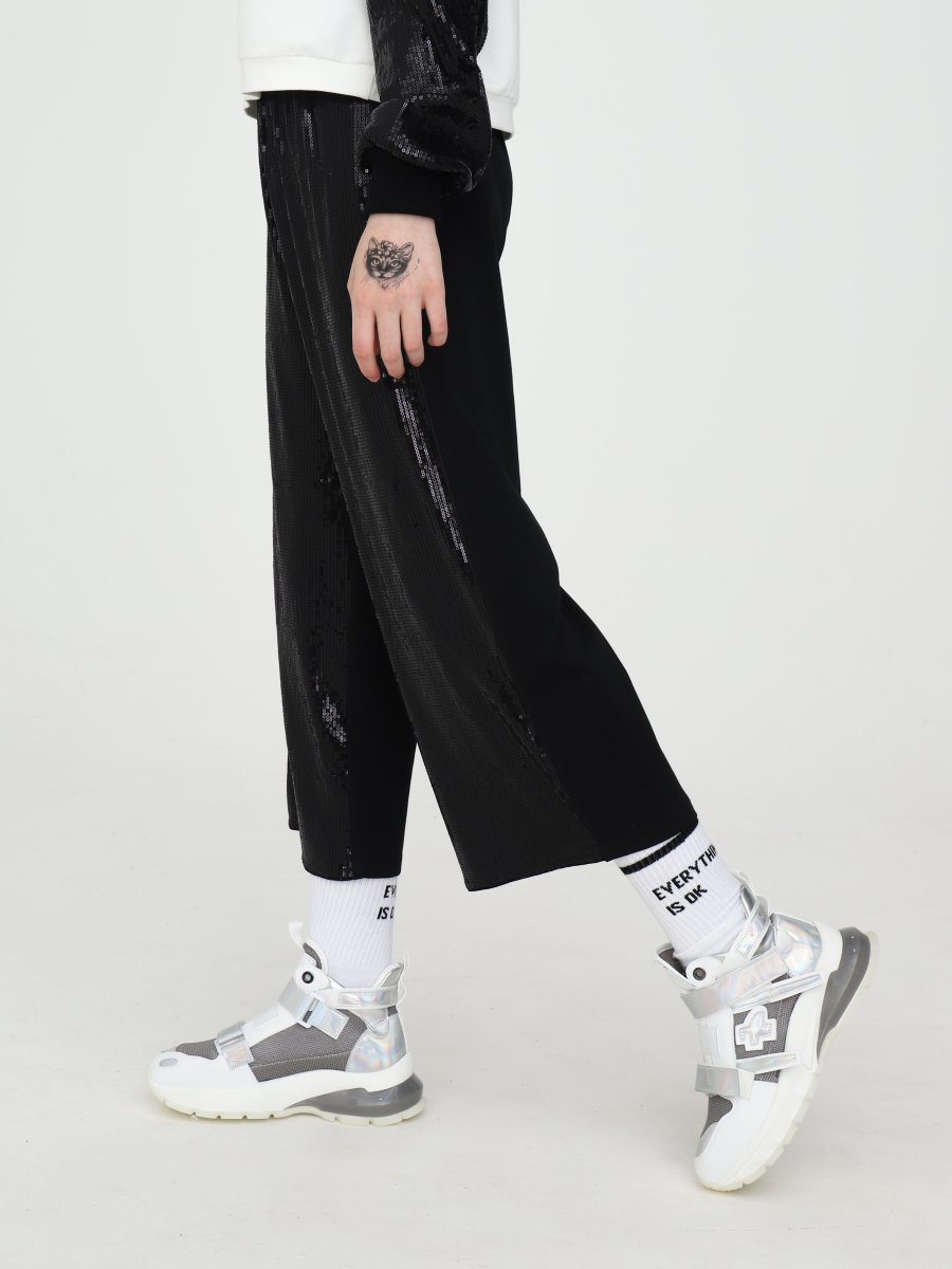 Комплект: свитшот укороченный и брюки кюлоты с завышенной талией, цвет: черный