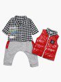 Комплект для мальчика: рубашка, штанишки и жилет на синтепоне, цвет: красный