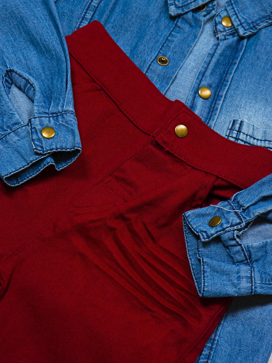 Комплект для мальчика: брюки, кофточка и джинсовая рубашка, цвет: бордовый