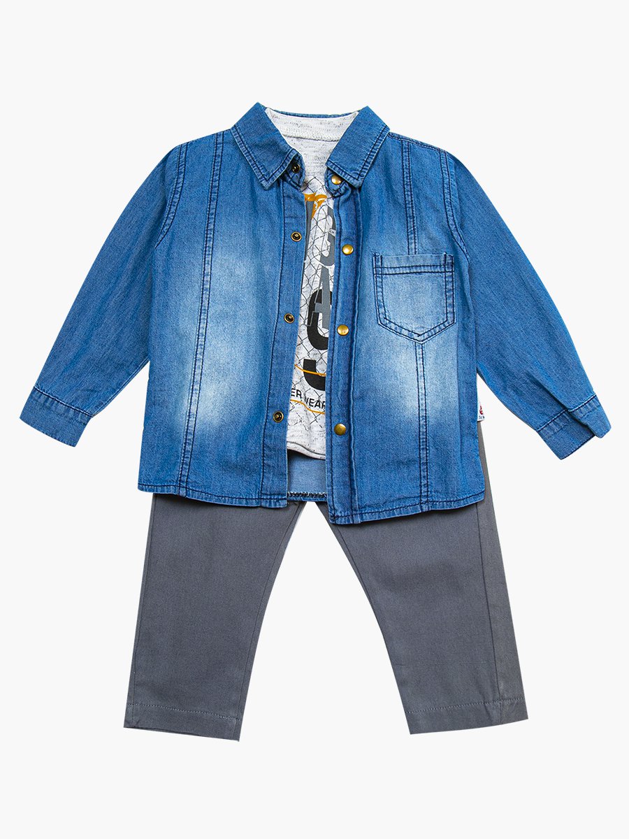 Комплект для мальчика: брюки, кофточка и джинсовая рубашка, цвет: серый