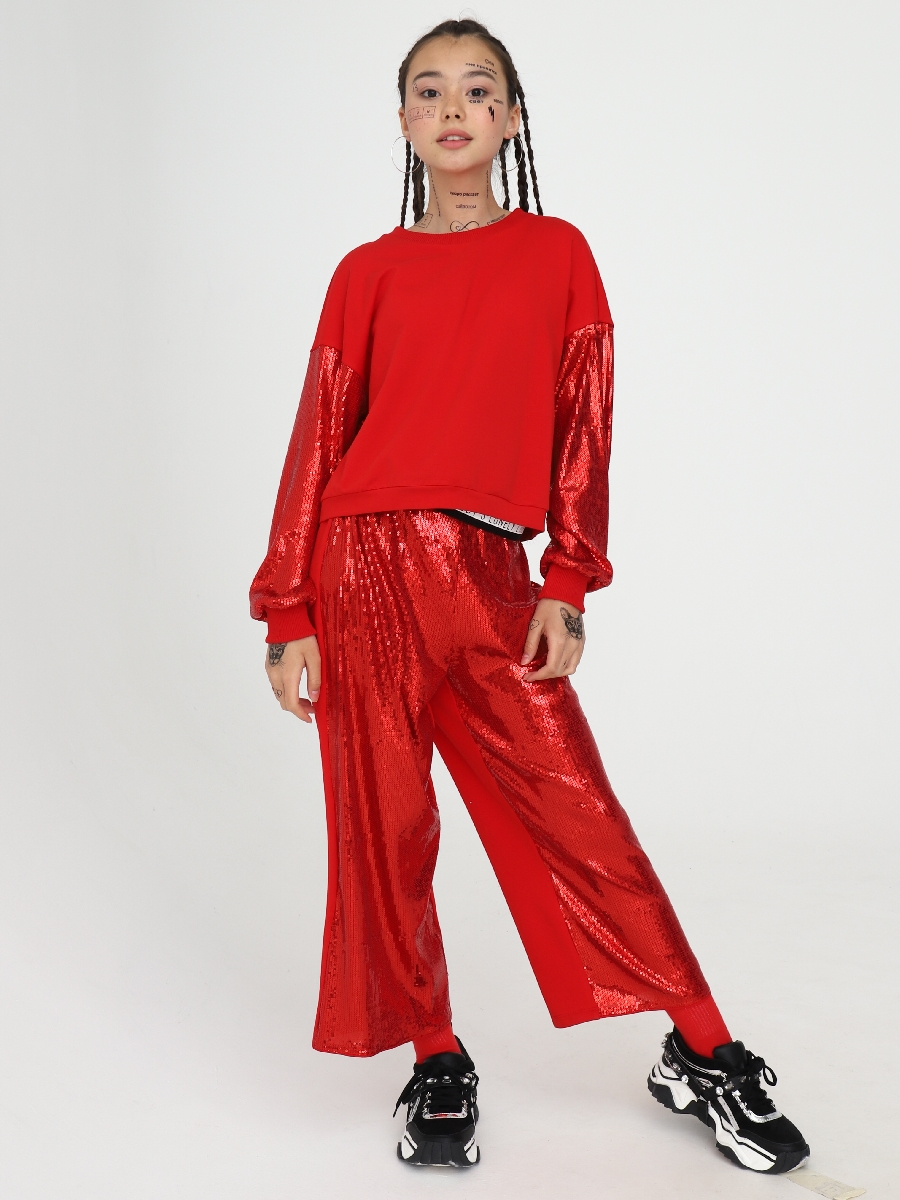 Комплект:свитшот укороченный и брюки кюлоты с завышенной талией, цвет: красный