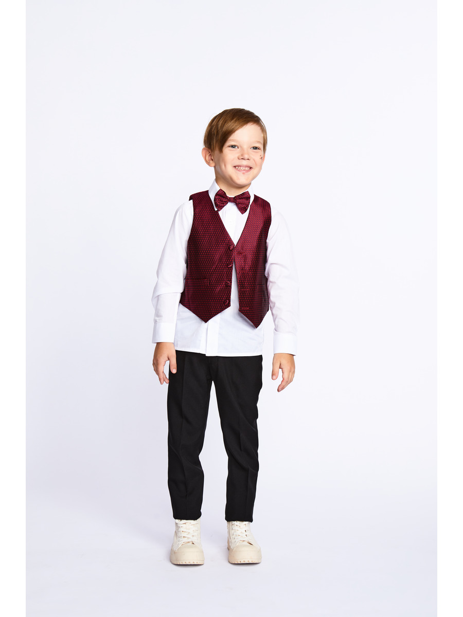 Костюм для мальчика: жилет, брюки, рубашка и бабочка, цвет: бордовый