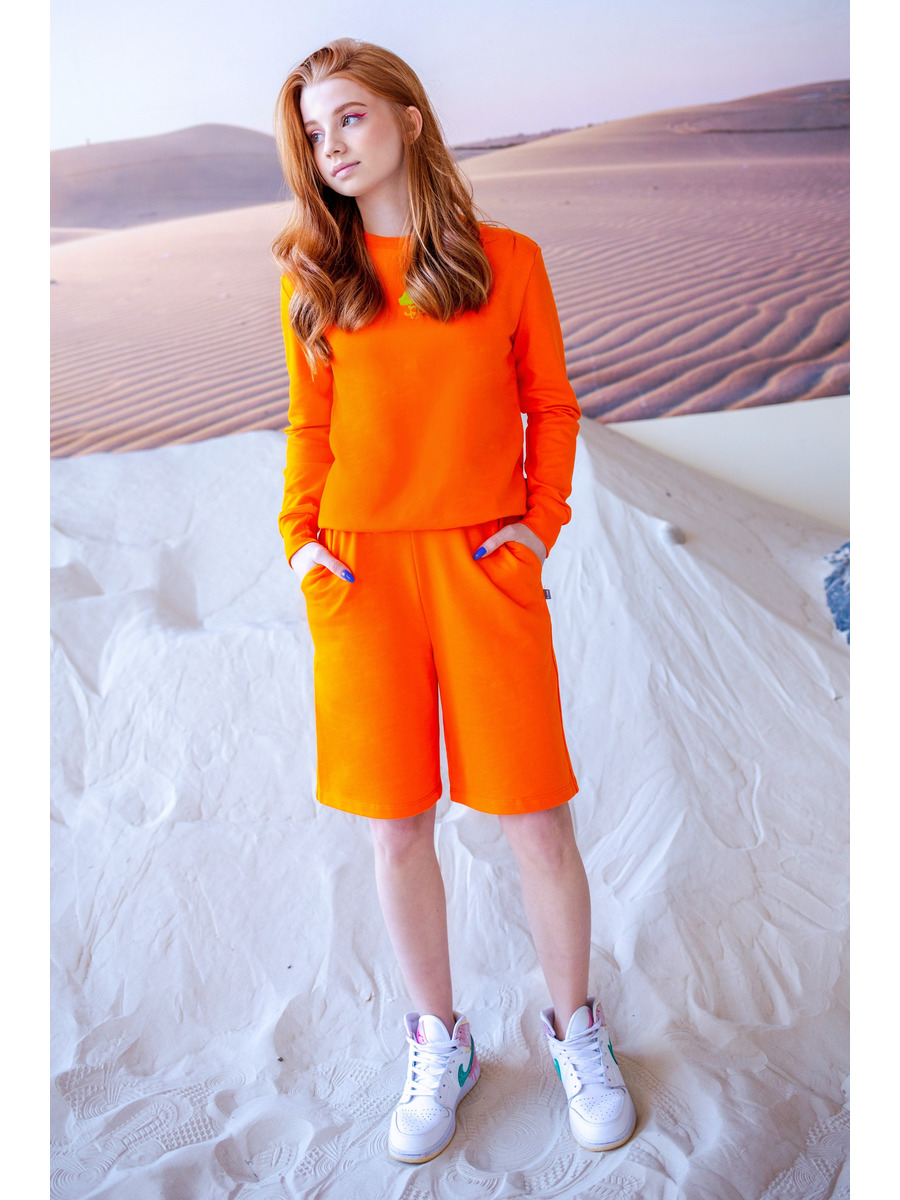 Комплект: свитшот и шорты прямые с завышенной талией, цвет: оранжевый