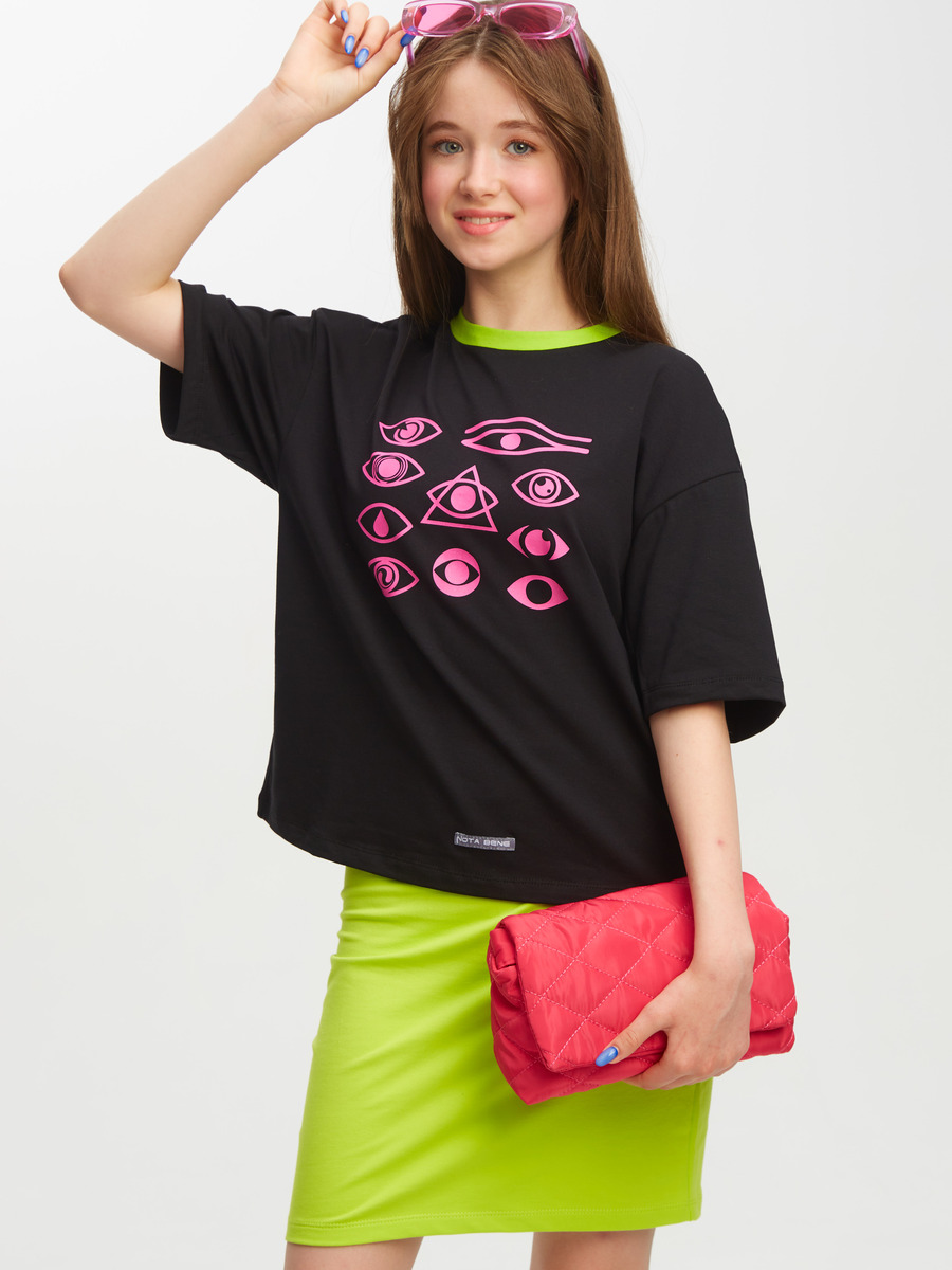 Комплект: футболка укороченная и юбка прямого силуэта, цвет: черный,салатовый