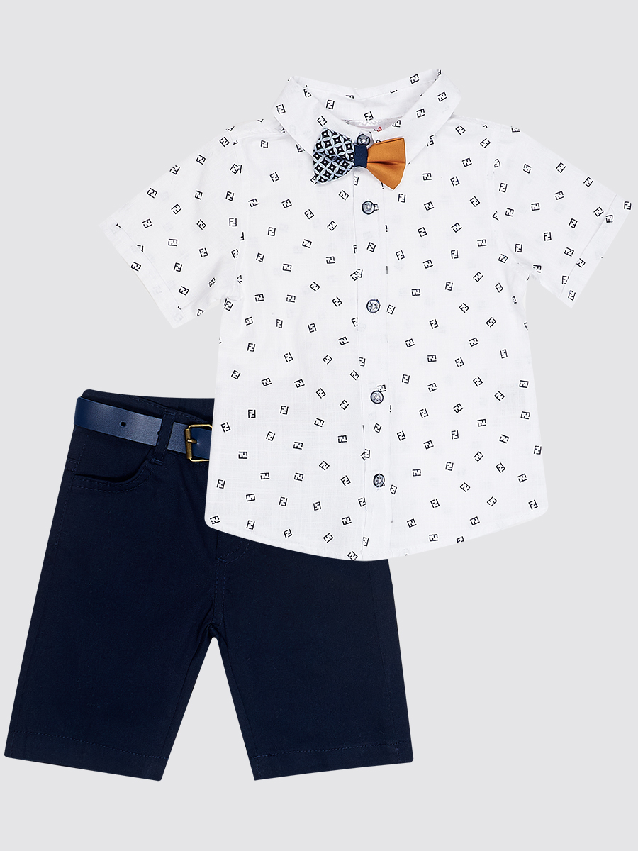 Комплект для мальчика: рубашка, бабочка и брюки с ремнем, цвет: белый