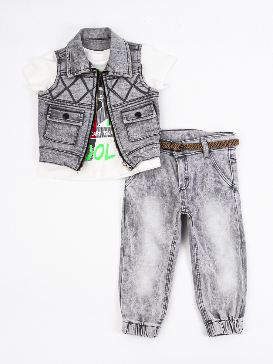 Комплект для мальчика: футболка, брюки джинсовые и жилет, цвет: серый