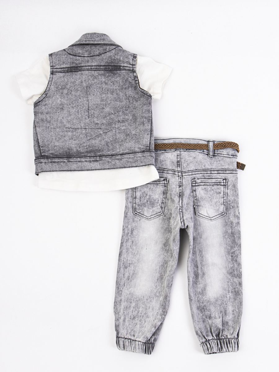 Комплект для мальчика: футболка, брюки джинсовые и жилет, цвет: серый
