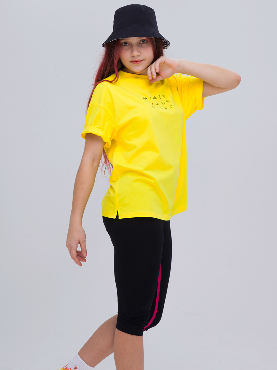 Костюм спортивный:футболка и бриджи облегающие со средней посадкой, цвет: желтый