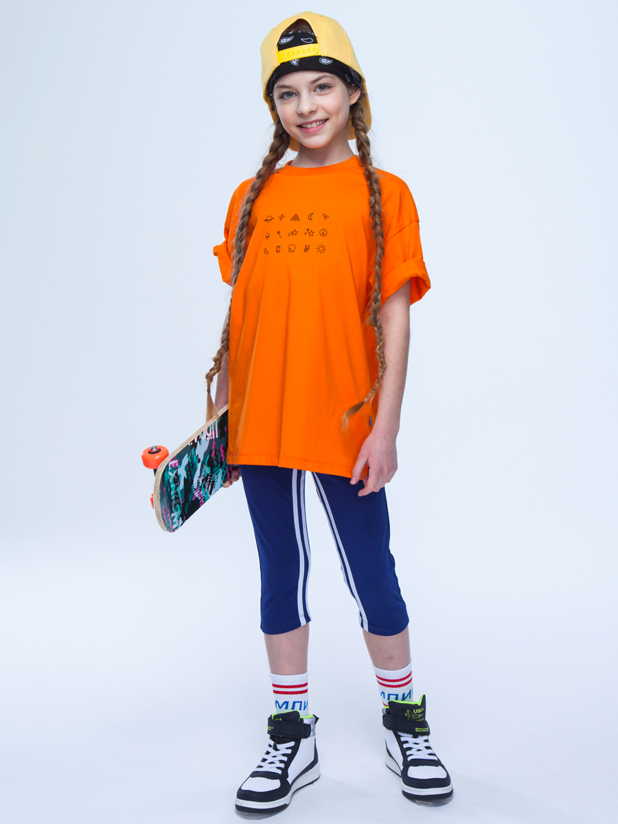 Костюм спортивный:футболка и бриджи облегающие со средней посадкой, цвет: неон оранжевый