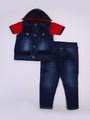 Комплект для мальчика: футболка, брюки джинсовые и жилет, цвет: красный