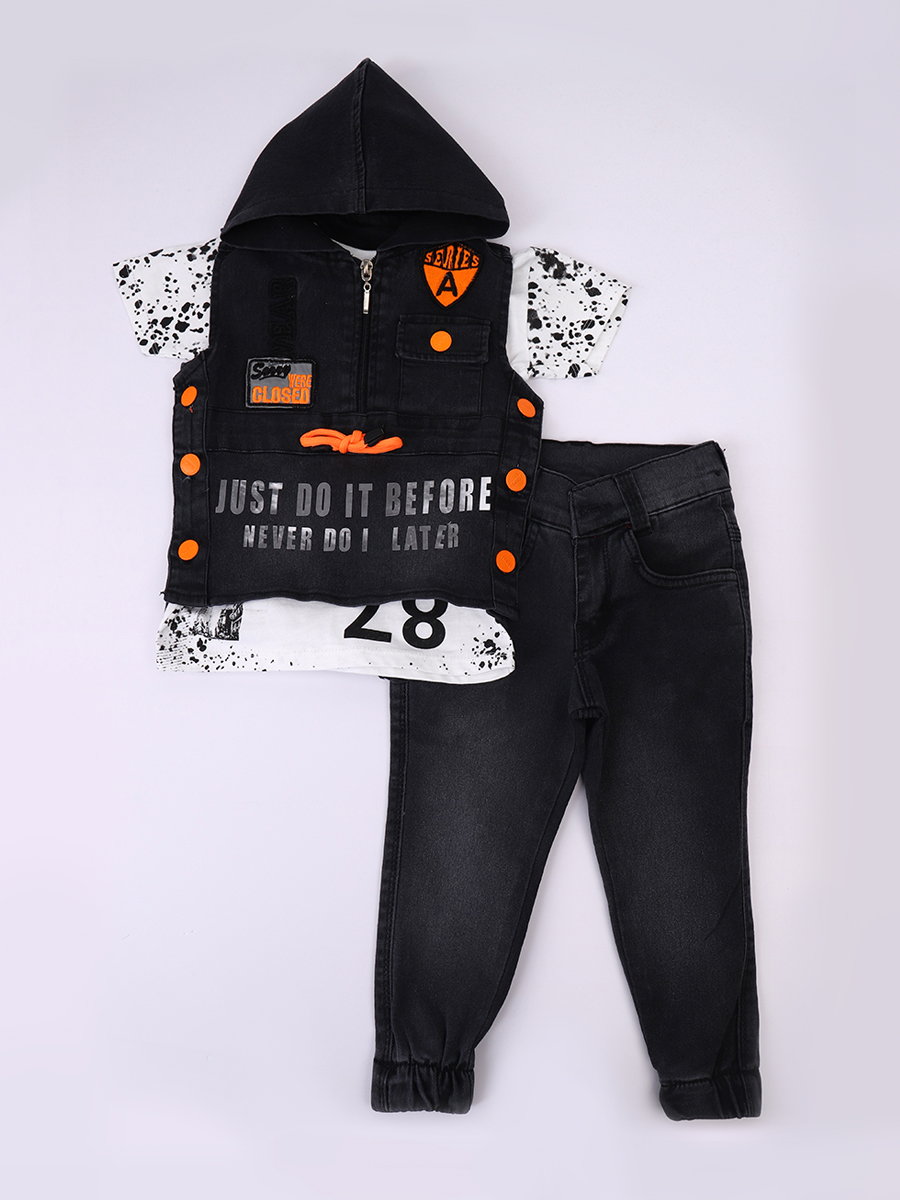 Комплект для мальчика: футболка, брюки джинсовые и жилет, цвет: темно-серый