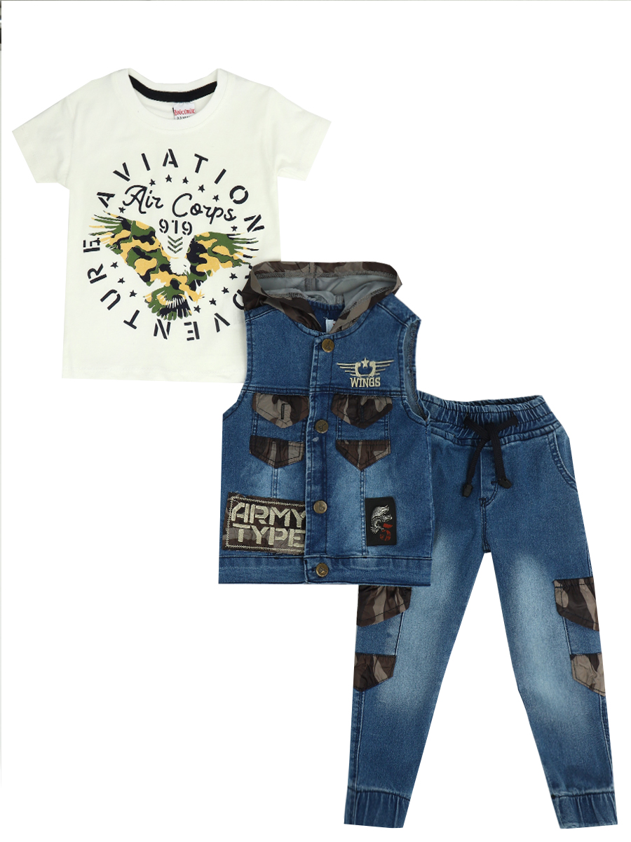 Комплект для мальчика: футболка, брюки джинсовые и жилет, цвет: деним