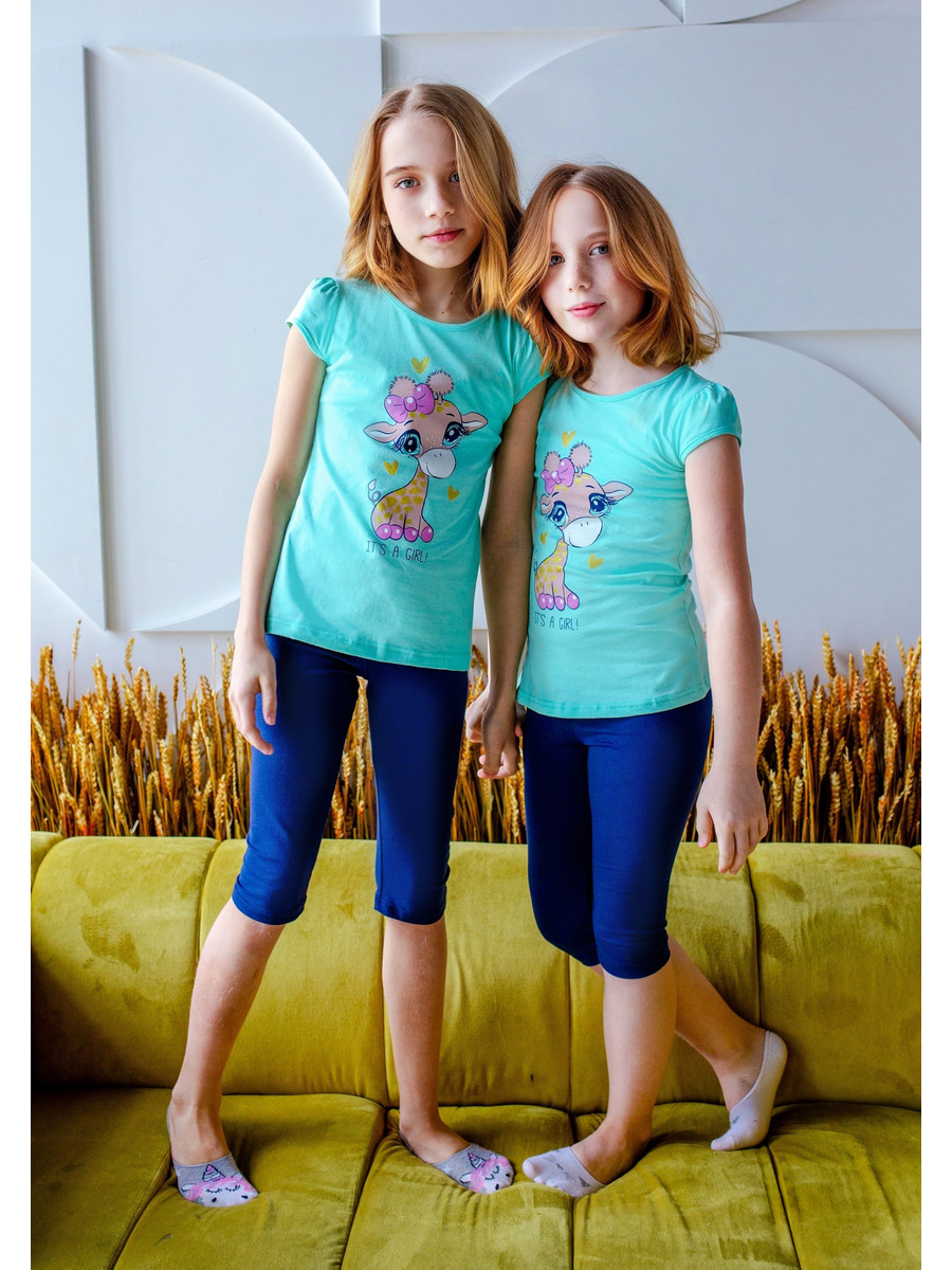 Комплект для девочки: футболка и капри, цвет: мятный