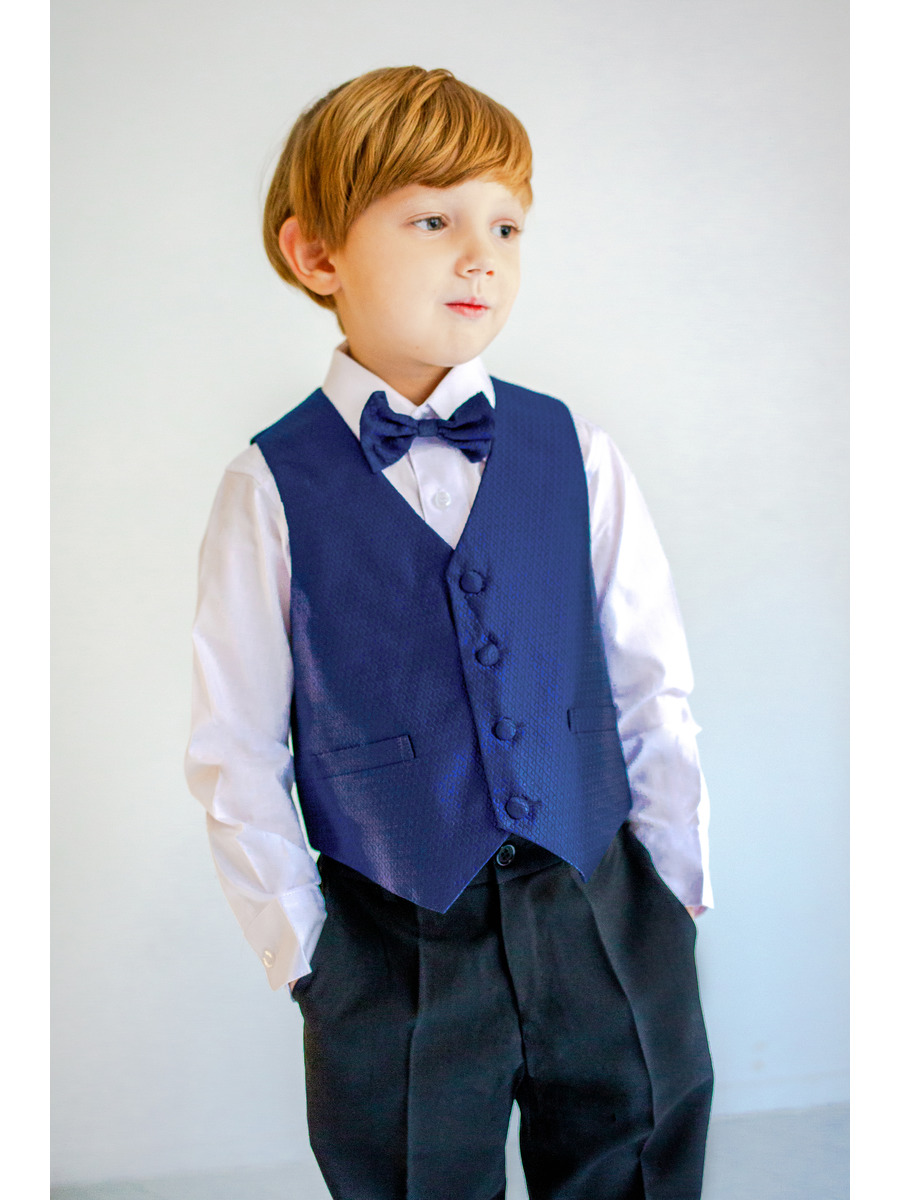Костюм для мальчика: жилет, брюки, рубашка и бабочка, цвет: темно-синий