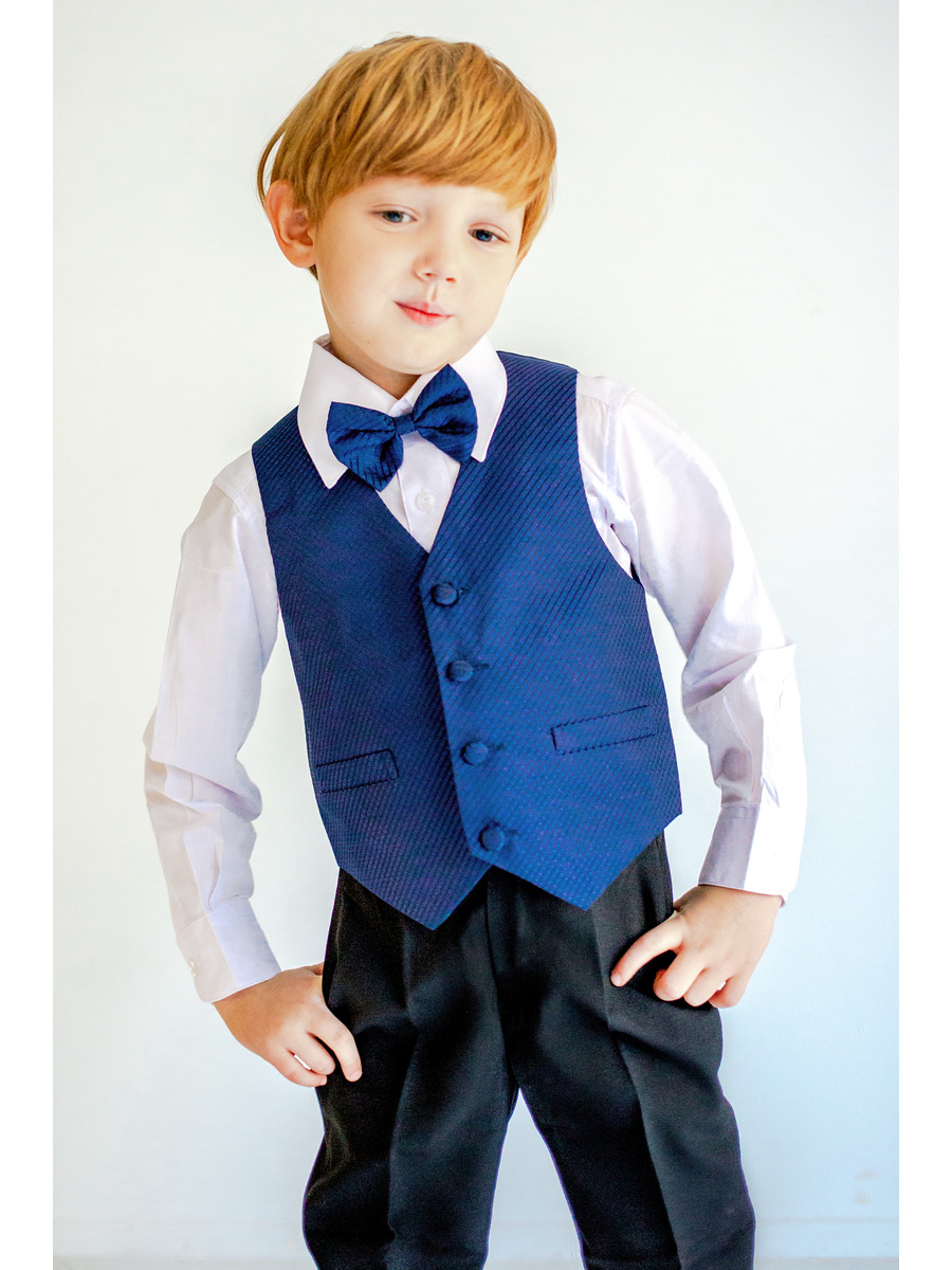 Костюм для мальчика: жилет, брюки, рубашка и бабочка, цвет: темно-синий