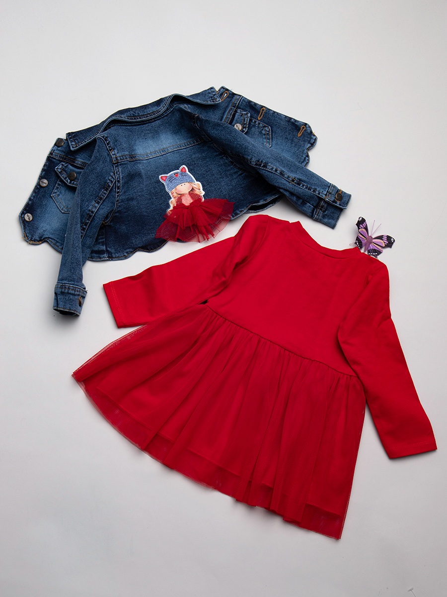 Комплект для девочки: платье и джинсовое болеро, цвет: красный