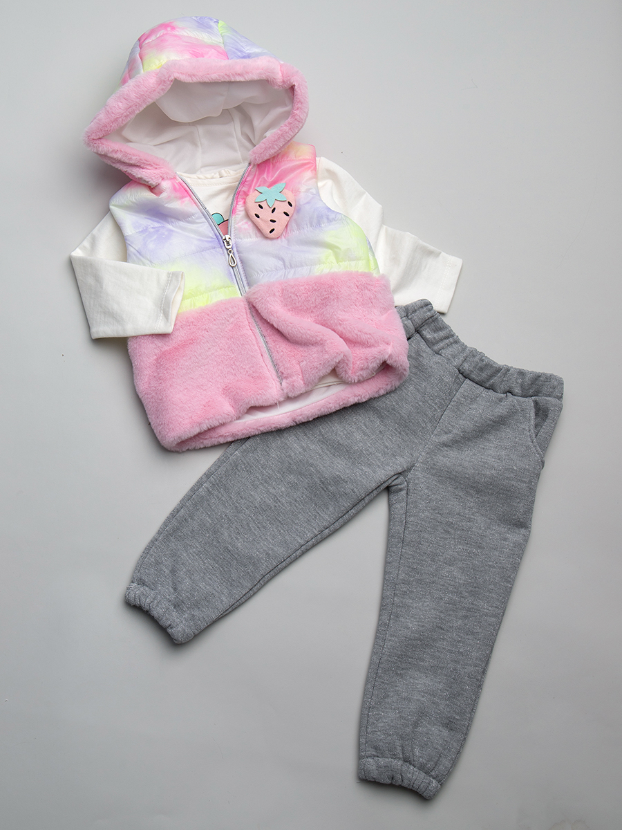 Комплект для девочки: лонгслив, штанишки и жилет, отделка искусственный мех, цвет: розовый