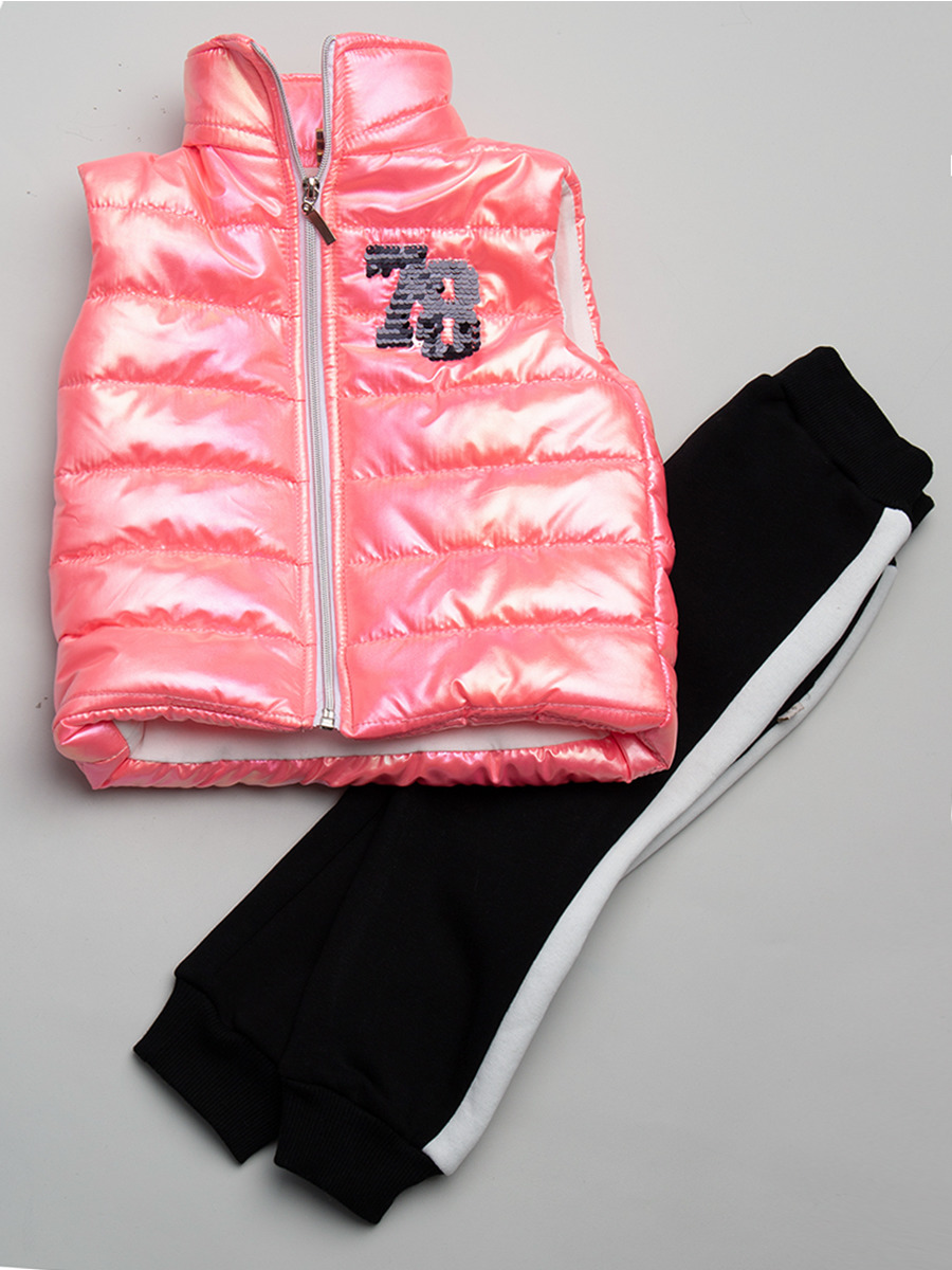 Комплект для девочки: толстовка и штанишки с начесом, жилет болоньевый утепленный, цвет: неон розовый