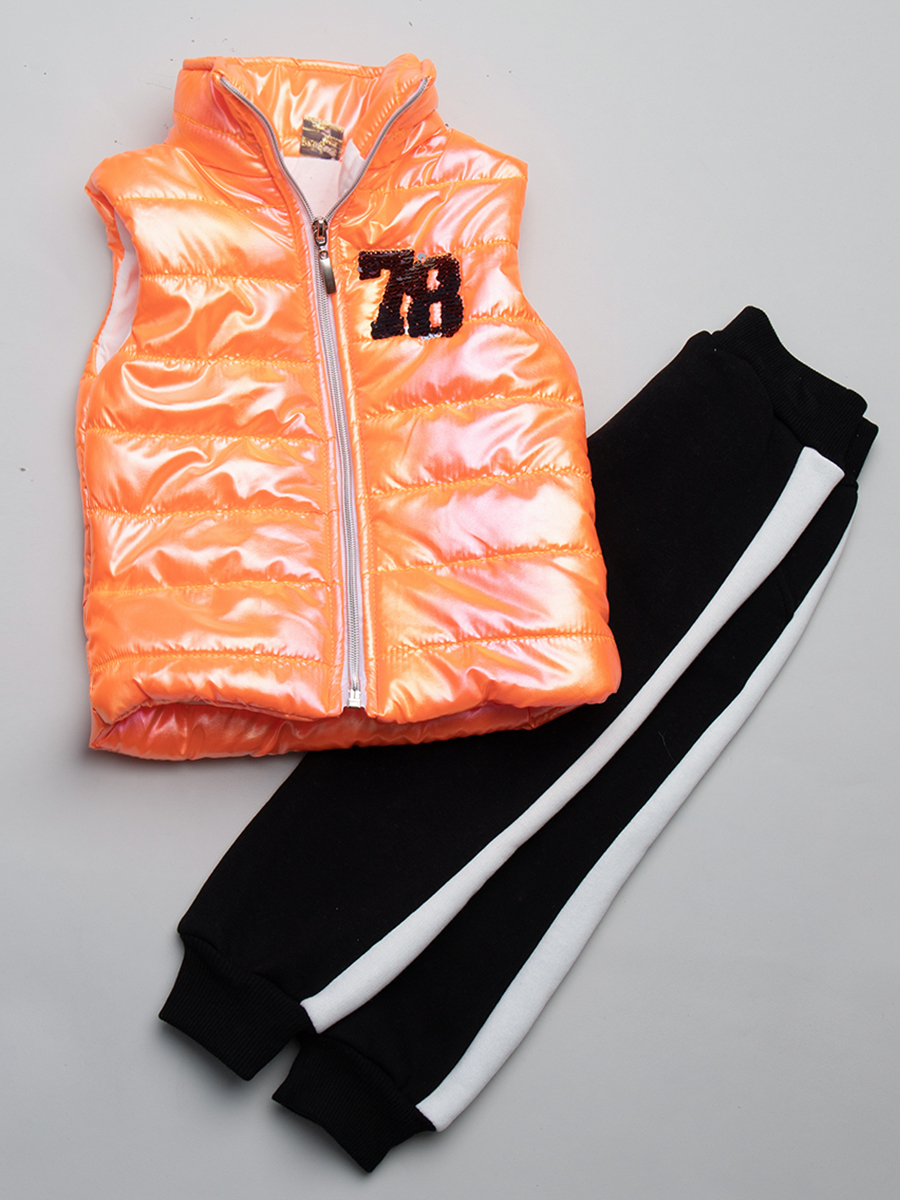 Комплект для девочки: толстовка и штанишки с начесом, жилет болоньевый утепленный, цвет: неон оранжевый