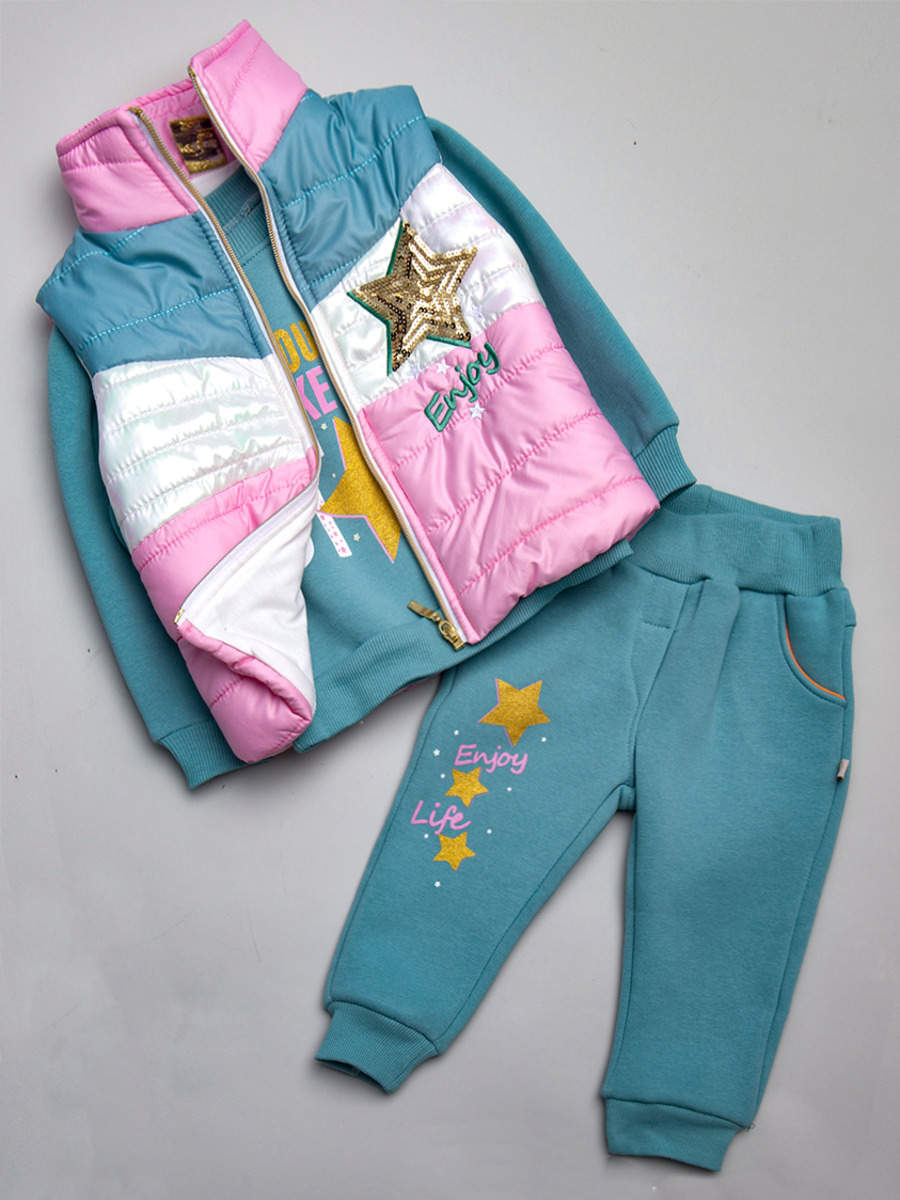 Комплект для девочки: толстовка и штанишки с начесом, жилет болоньевый утепленный, цвет: мятный