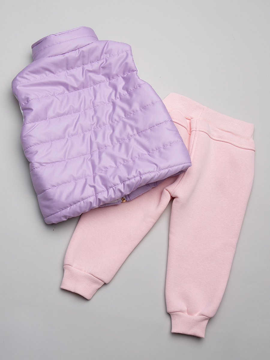 Комплект для девочки: толстовка и штанишки с начесом, жилет болоньевый утепленный, цвет: светло-розовый