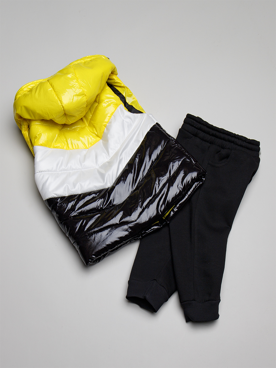 Комплект для мальчика: толстовка и брюки с начесом, жилет болоньевый утепленный, цвет: желтый