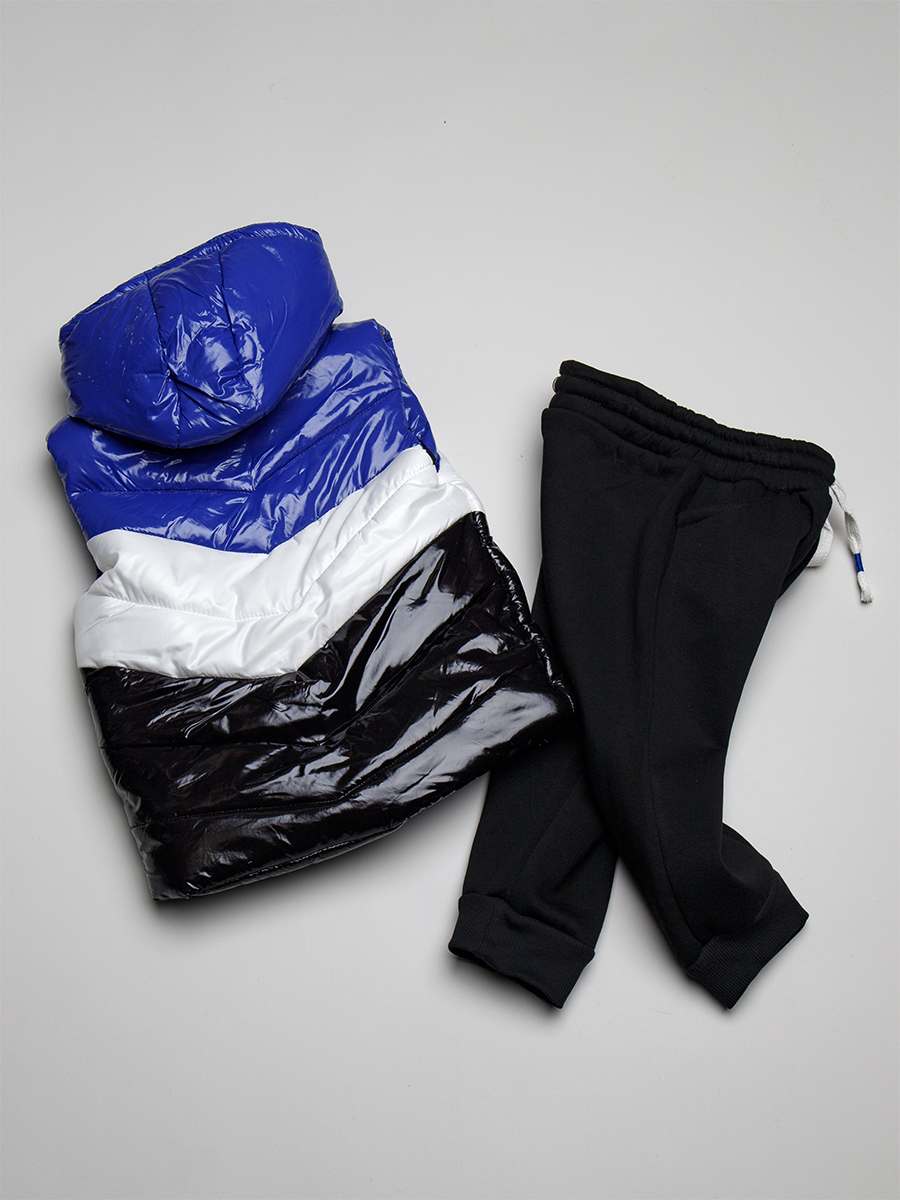 Комплект для мальчика: толстовка и брюки с начесом, жилет болоньевый утепленный, цвет: синий