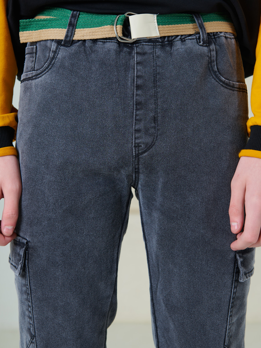 Брюки джинсовые с ремнем для мальчика, цвет: серый