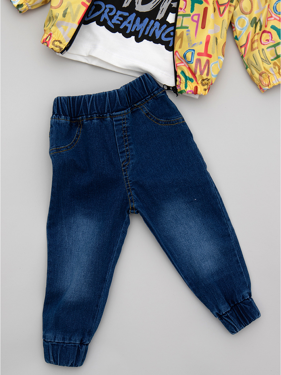 Комплект для мальчика: лонгслив, брюки джинсовые и ветровка, цвет: желтый