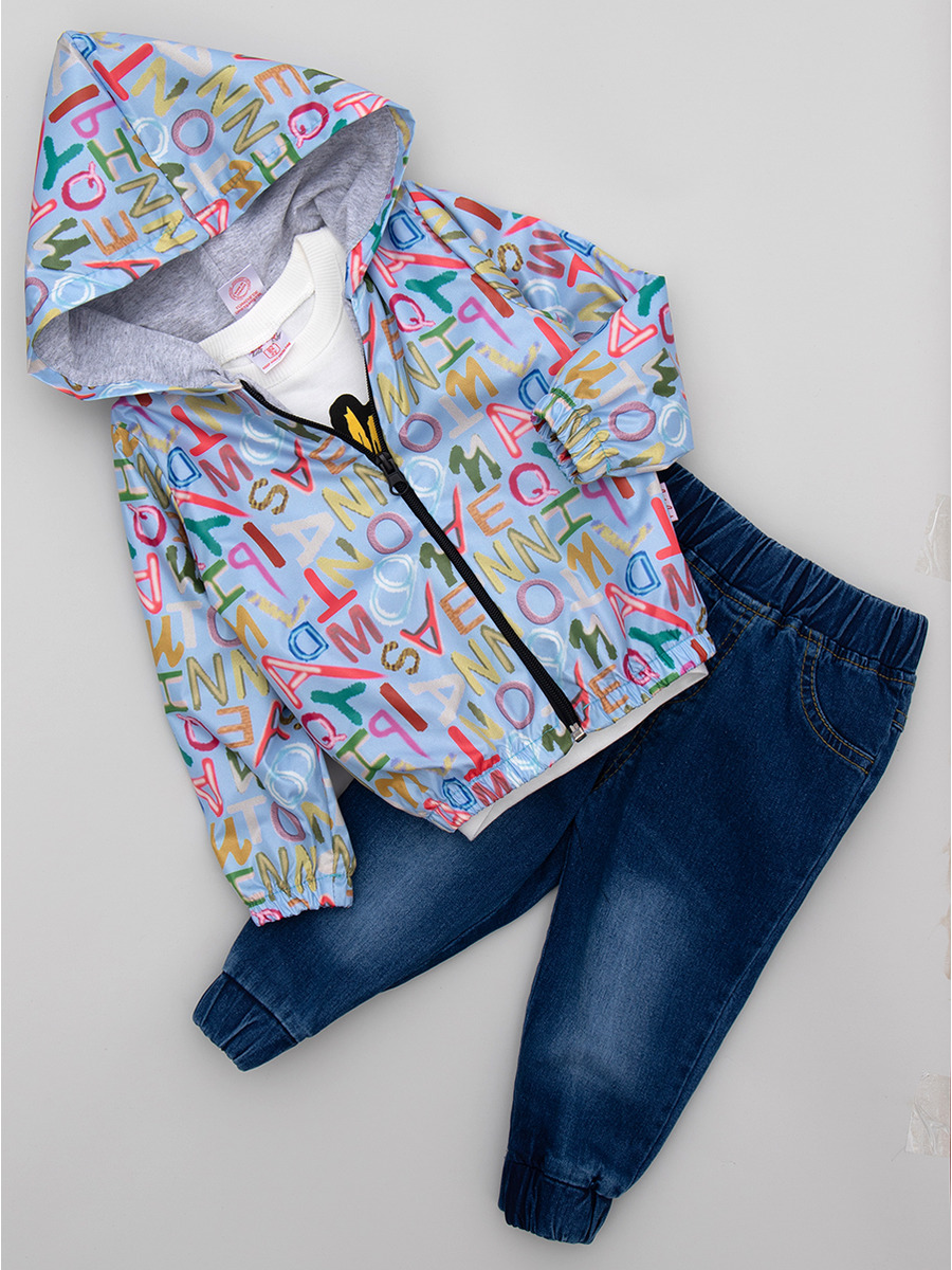 Комплект для мальчика: лонгслив, брюки джинсовые и ветровка, цвет: голубой