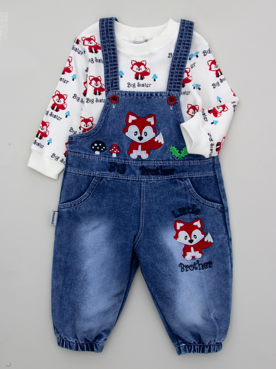 Комплект детский: кофточка и джинсовый полукомбинезон, цвет: красный