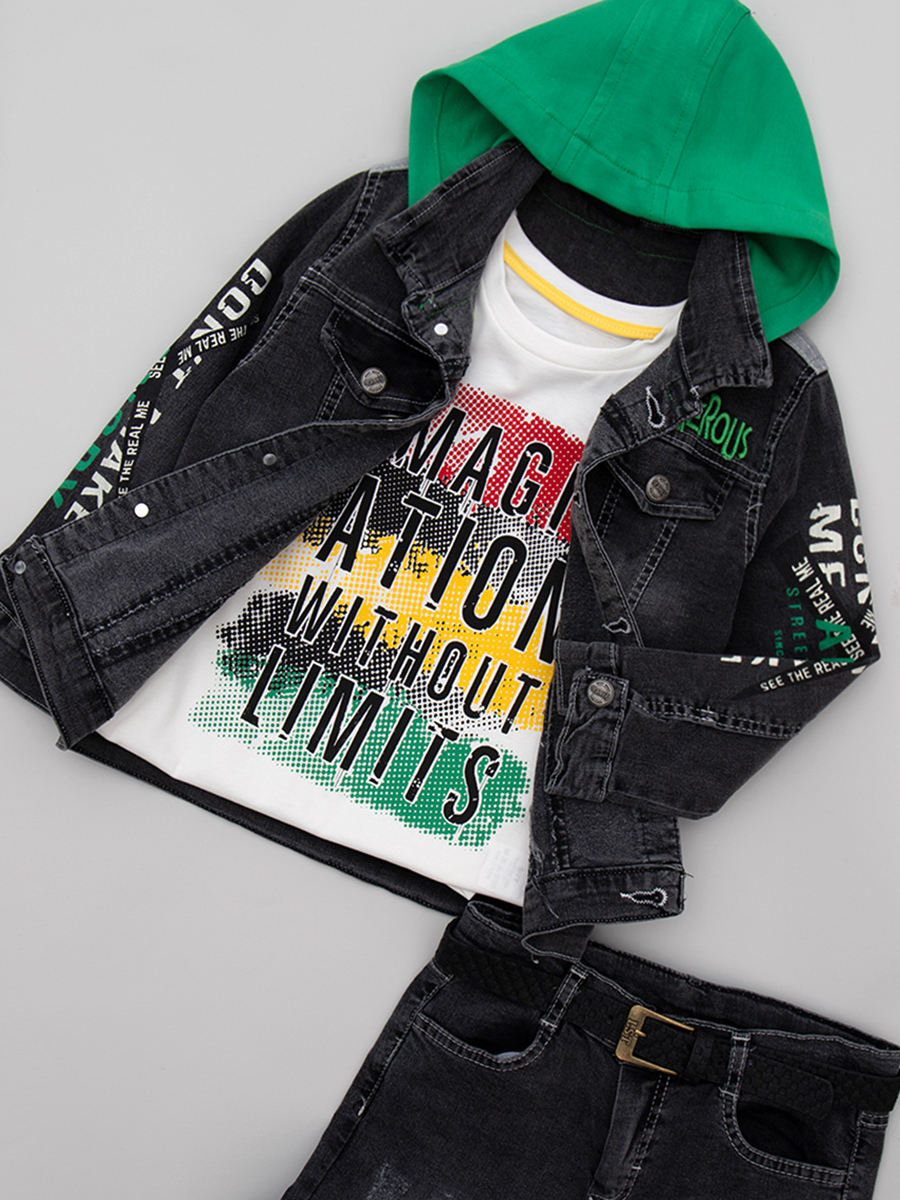 Комплект для мальчика: лонгслив, брюки джинсовые и куртка, цвет: зеленый