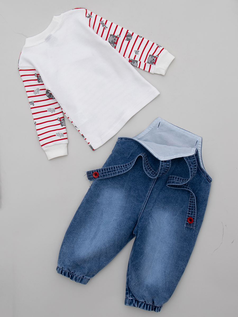 Комплект детский: кофточка и полукомбинезон джинсовый, цвет: красный