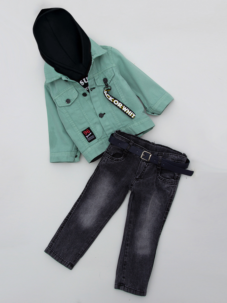 Комплект для мальчика: свитшот, брюки джинсовые и рубашка, цвет: мятный