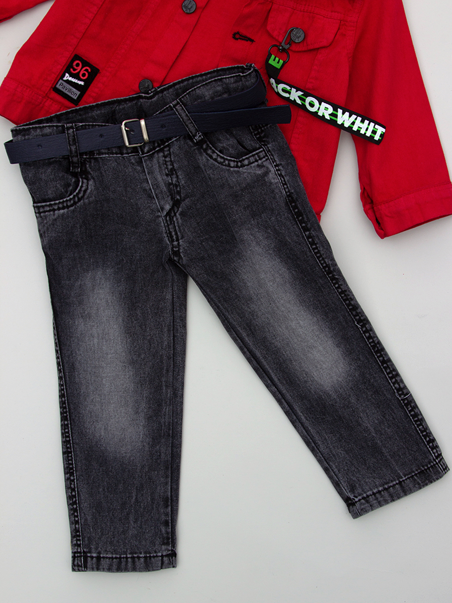 Комплект для мальчика: свитшот, брюки джинсовые и рубашка, цвет: красный