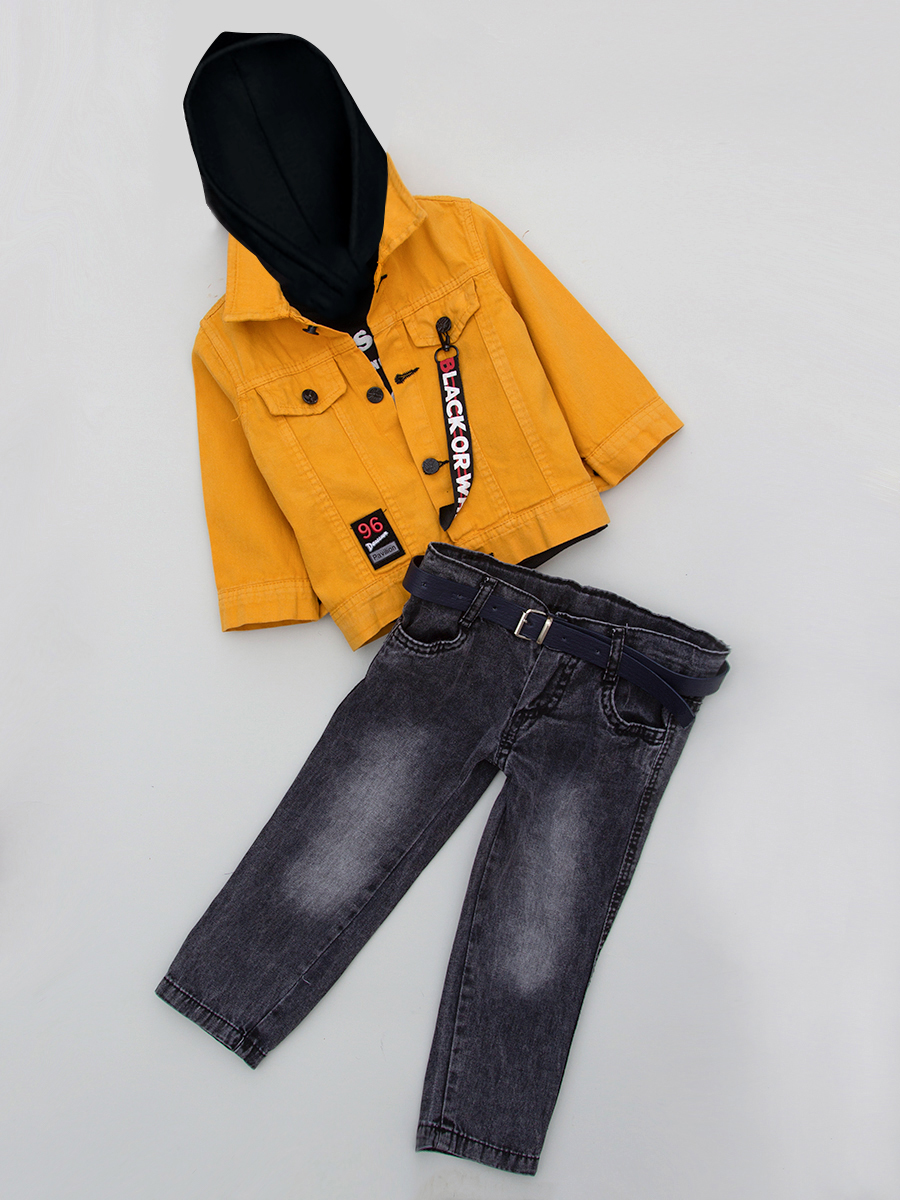 Комплект для мальчика: свитшот, брюки джинсовые и рубашка, цвет: горчичный