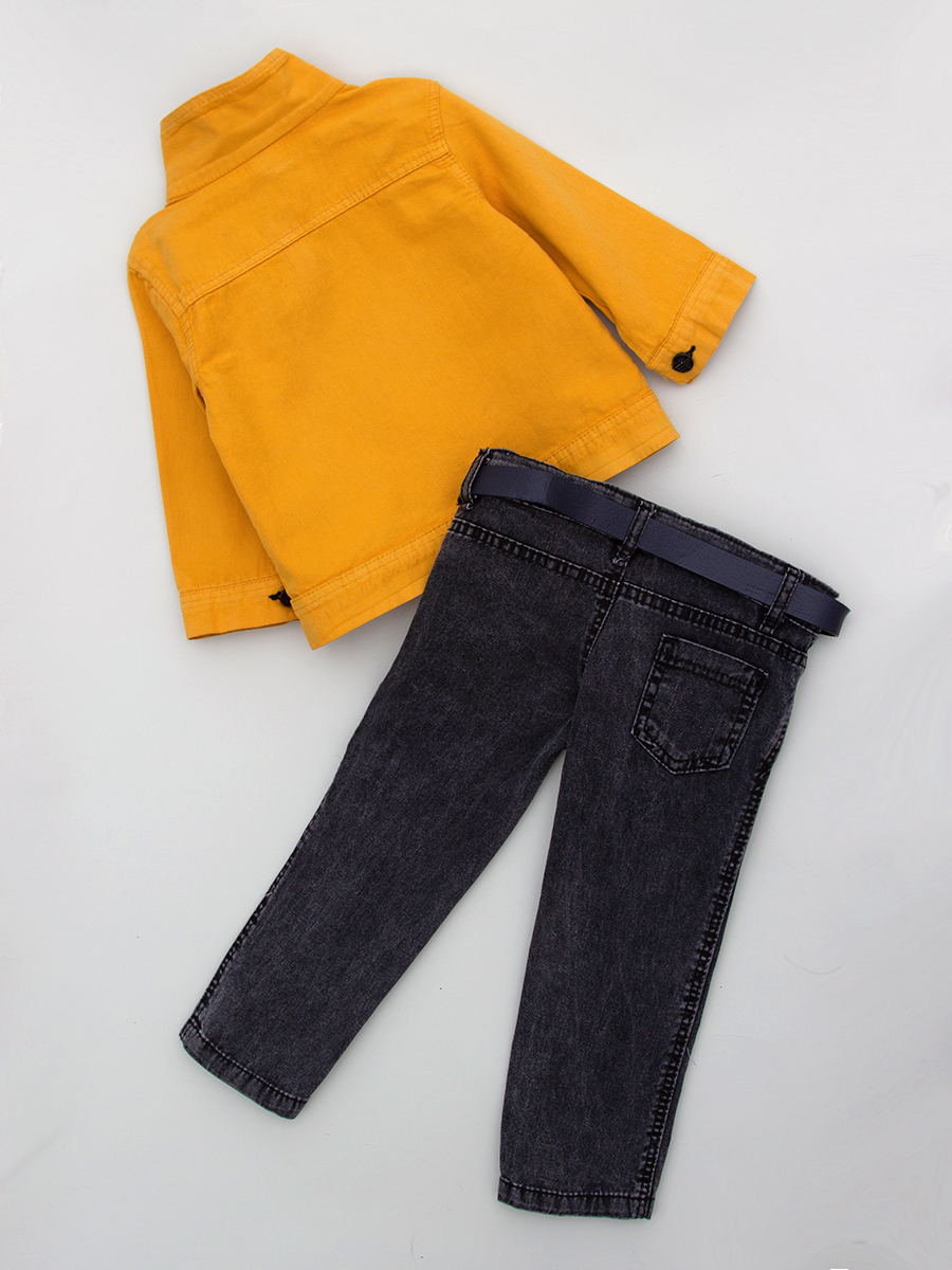 Комплект для мальчика: свитшот, брюки джинсовые и рубашка, цвет: горчичный