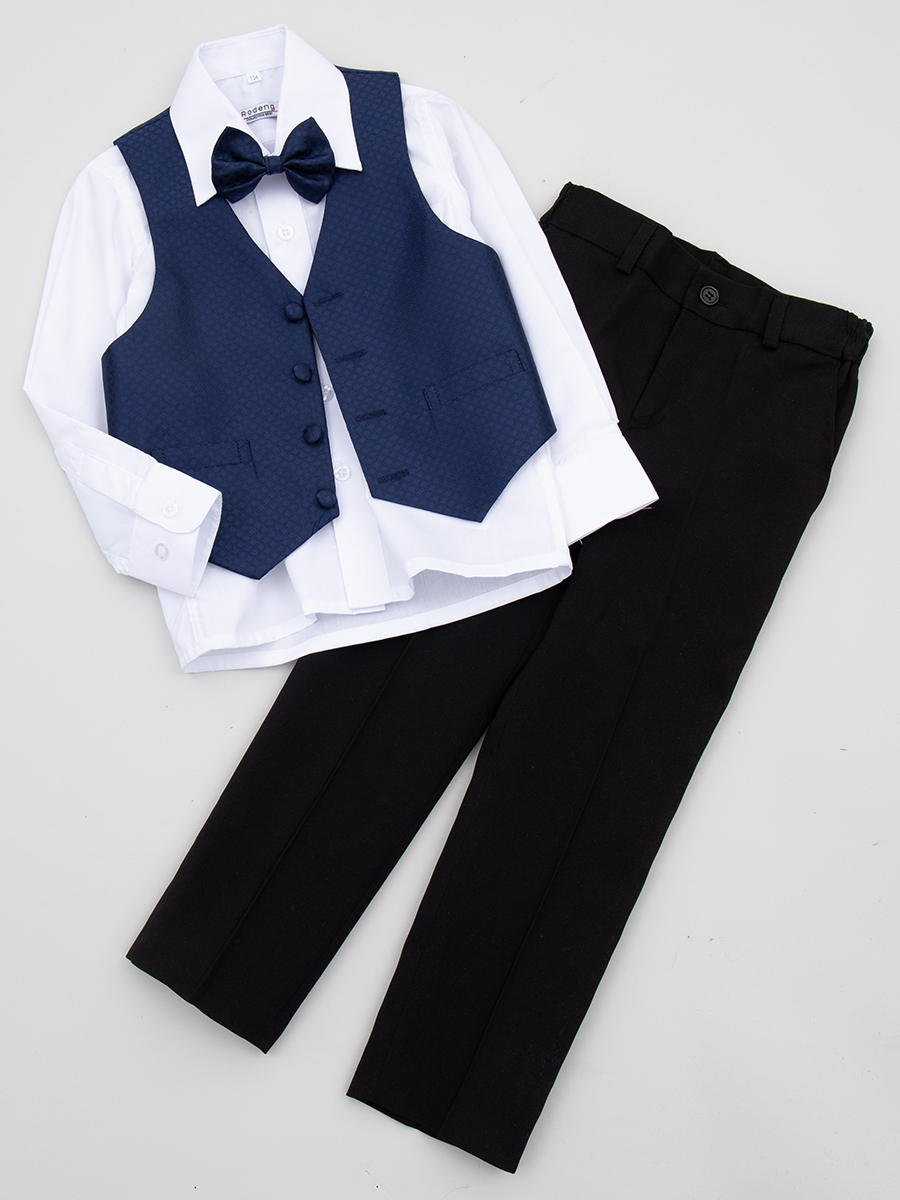 Костюм для мальчика: жилет, брюки, рубашка и бабочка, цвет: темно синий
