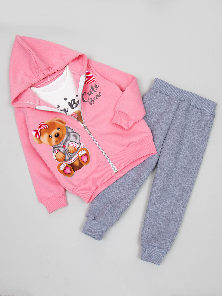 Комплект с начесом для девочки: толстовка, штанишки и кофточка, цвет: розовый