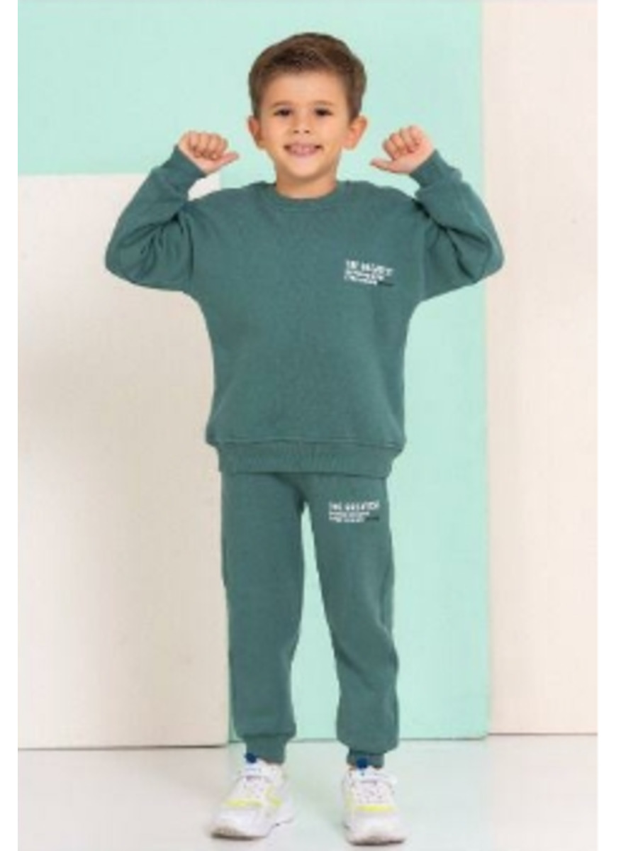Костюм спортивный с начесом для мальчика: свитшот и брюки прямого покроя на манжете, цвет: зеленый