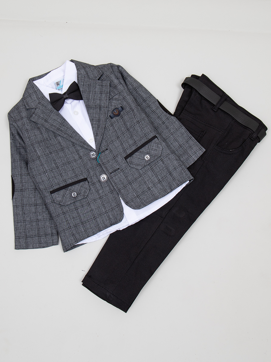 Комплект для мальчика: рубашка с бабочкой, брюки с ремнем и пиджак, цвет: серый