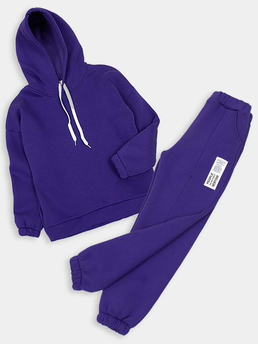 Костюм спортивный с начесом для девочки: толстовка и брюки зауженные, цвет: фиолетовый