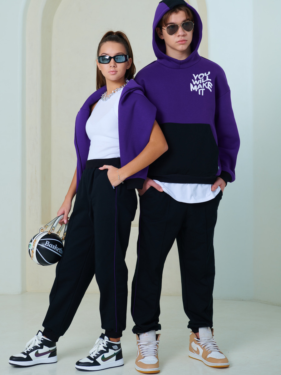 Костюм спортивный с начесом: толстовка и брюки джоггеры со средней посадкой, цвет: глубокий фиолетовый